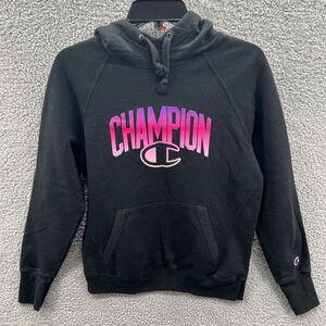 Champion Womens Black Pullover Hoodie Pink Logo Sweat shirt Long Sleeve Medium